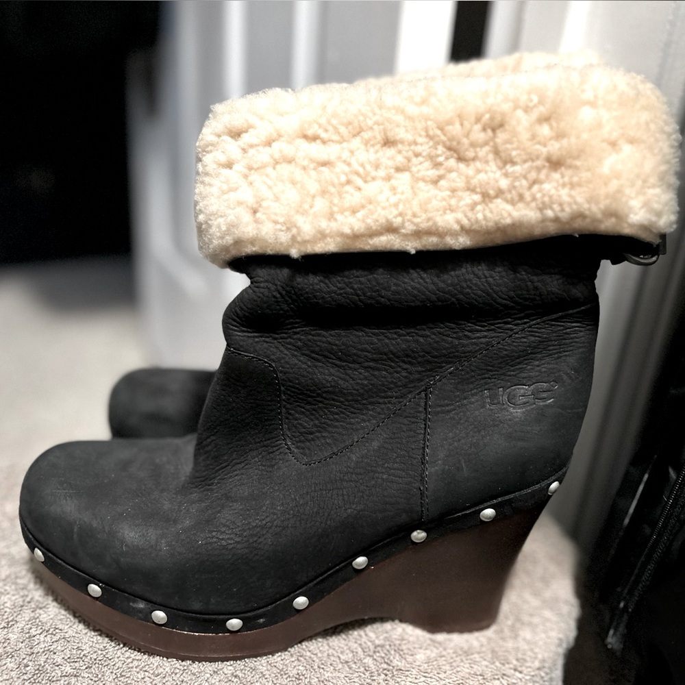 UGG Australia Carnegie Studded Wood Stacked Sheepskin Sherpa Black Booties